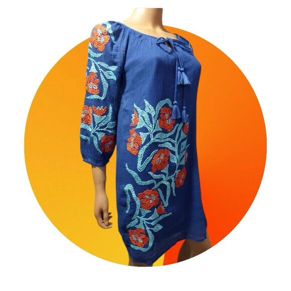 Trina Turk Womens Blue Red Embroidered All Cotton Gauze Shift Dress XS 0 Coverup - Picture 5 of 16
